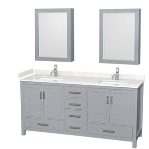 Sheffield 72 Inch Double Bathroom Vanity in Gray Carrara Cultured Marble Countertop Undermount Square Sinks Medicine Cabinets