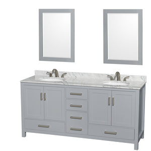 Sheffield 72 Inch Double Bathroom Vanity in Gray White Carrara Marble Countertop Undermount Oval Sinks and 24 Inch Mirrors