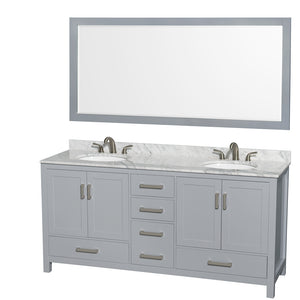 Sheffield 72 Inch Double Bathroom Vanity in Gray White Carrara Marble Countertop Undermount Oval Sinks and 70 Inch Mirror