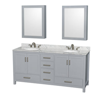 Sheffield 72 Inch Double Bathroom Vanity in Gray White Carrara Marble Countertop Undermount Oval Sinks and Medicine Cabinets