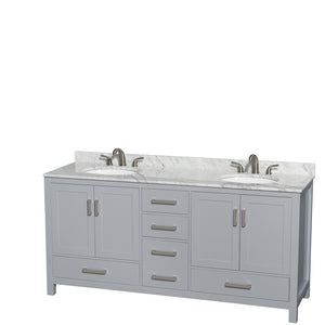 Sheffield 72 Inch Double Bathroom Vanity in Gray White Carrara Marble Countertop Undermount Oval Sinks and No Mirror