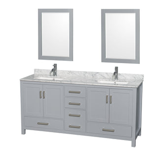 Sheffield 72 Inch Double Bathroom Vanity in Gray White Carrara Marble Countertop Undermount Square Sinks and 24 Inch Mirrors