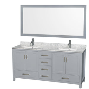 Sheffield 72 Inch Double Bathroom Vanity in Gray White Carrara Marble Countertop Undermount Square Sinks and 70 Inch Mirror