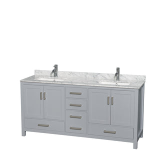 Sheffield 72 Inch Double Bathroom Vanity in Gray White Carrara Marble Countertop Undermount Square Sinks and No Mirror