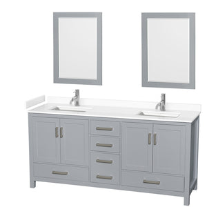 Sheffield 72 Inch Double Bathroom Vanity in Gray White Cultured Marble Countertop Undermount Square Sinks 24 Inch Mirrors
