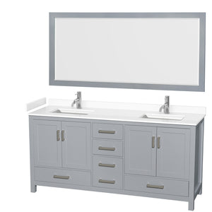 Sheffield 72 Inch Double Bathroom Vanity in Gray White Cultured Marble Countertop Undermount Square Sinks 70 Inch Mirror