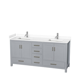 Sheffield 72 Inch Double Bathroom Vanity in Gray White Cultured Marble Countertop Undermount Square Sinks No Mirror