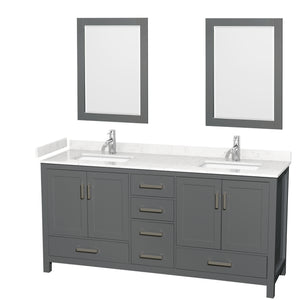 Sheffield 72 Inch Double Bathroom Vanity in Dark Gray Carrara Cultured Marble Countertop Undermount Square Sinks 24 Inch Mirrors