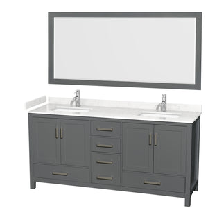 Sheffield 72 Inch Double Bathroom Vanity in Dark Gray Carrara Cultured Marble Countertop Undermount Square Sinks 70 Inch Mirror