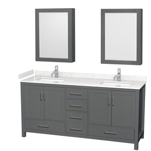 Sheffield 72 Inch Double Bathroom Vanity in Dark Gray Carrara Cultured Marble Countertop Undermount Square Sinks Medicine Cabinets