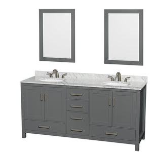 Sheffield 72 Inch Double Bathroom Vanity in Dark Gray White Carrara Marble Countertop Undermount Oval Sinks and 24 Inch Mirrors
