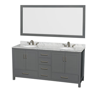 Sheffield 72 Inch Double Bathroom Vanity in Dark Gray White Carrara Marble Countertop Undermount Oval Sinks and 70 Inch Mirror