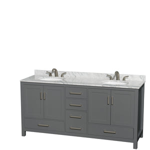 Sheffield 72 Inch Double Bathroom Vanity in Dark Gray White Carrara Marble Countertop Undermount Oval Sinks and No Mirror