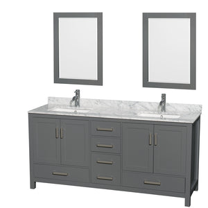 Sheffield 72 Inch Double Bathroom Vanity in Dark Gray White Carrara Marble Countertop Undermount Square Sinks and 24 Inch Mirrors