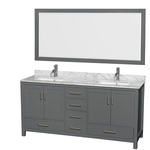 Sheffield 72 Inch Double Bathroom Vanity in Dark Gray White Carrara Marble Countertop Undermount Square Sinks and 70 Inch Mirror