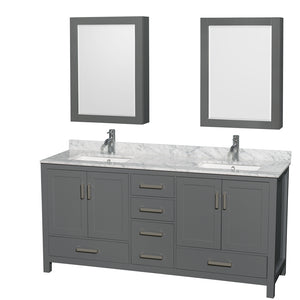 Sheffield 72 Inch Double Bathroom Vanity in Dark Gray White Carrara Marble Countertop Undermount Square Sinks and Medicine Cabinets