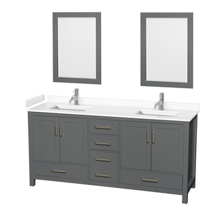 Sheffield 72 Inch Double Bathroom Vanity in Dark Gray White Cultured Marble Countertop Undermount Square Sinks 24 Inch Mirrors