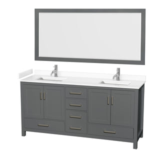 Sheffield 72 Inch Double Bathroom Vanity in Dark Gray White Cultured Marble Countertop Undermount Square Sinks 70 Inch Mirror