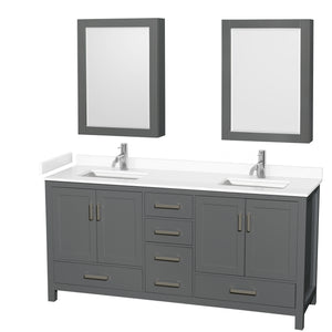 Sheffield 72 Inch Double Bathroom Vanity in Dark Gray White Cultured Marble Countertop Undermount Square Sinks Medicine Cabinets