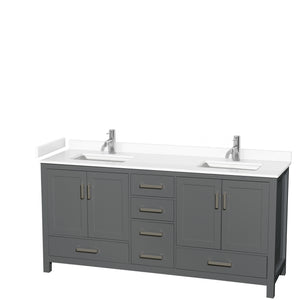 Sheffield 72 Inch Double Bathroom Vanity in Dark Gray White Cultured Marble Countertop Undermount Square Sinks No Mirror