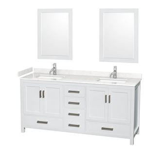 Sheffield 72 Inch Double Bathroom Vanity in White Carrara Cultured Marble Countertop Undermount Square Sinks 24 Inch Mirrors