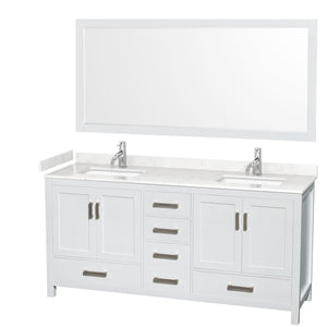 Sheffield 72 Inch Double Bathroom Vanity in White Carrara Cultured Marble Countertop Undermount Square Sinks 70 Inch Mirror