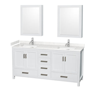 Sheffield 72 Inch Double Bathroom Vanity in White Carrara Cultured Marble Countertop Undermount Square Sinks Medicine Cabinets