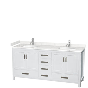 Sheffield 72 Inch Double Bathroom Vanity in White Carrara Cultured Marble Countertop Undermount Square Sinks No Mirror
