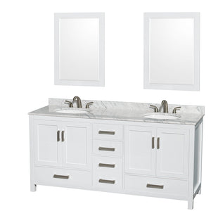 Sheffield 72 Inch Double Bathroom Vanity in White White Carrara Marble Countertop Undermount Oval Sinks and 24 Inch Mirrors