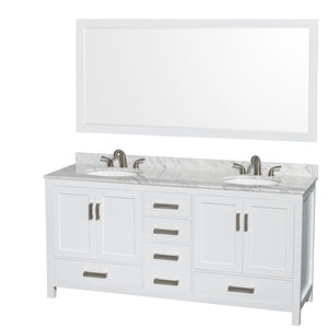 Sheffield 72 Inch Double Bathroom Vanity in White White Carrara Marble Countertop Undermount Oval Sinks and 70 Inch Mirror