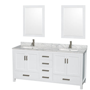 Sheffield 72 Inch Double Bathroom Vanity in White White Carrara Marble Countertop Undermount Square Sinks and 24 Inch Mirrors