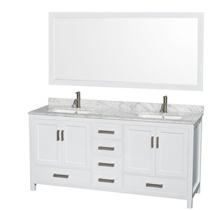 Sheffield 72 Inch Double Bathroom Vanity in White White Carrara Marble Countertop Undermount Square Sinks and 70 Inch Mirror