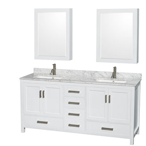 Sheffield 72 Inch Double Bathroom Vanity in White White Carrara Marble Countertop Undermount Square Sinks and Medicine Cabinets