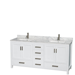 Sheffield 72 Inch Double Bathroom Vanity in White White Carrara Marble Countertop Undermount Square Sinks and No Mirror