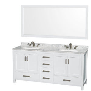 Sheffield 72 Inch Double Bathroom Vanity in White White Carrara Marble Countertop Undermount 3-Hole Square Sinks 70 Inch Mirror