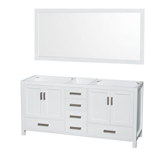 Sheffield 72 Inch Double Bathroom Vanity in White No Countertop No Sinks and 70 Inch Mirror