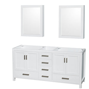 Sheffield 72 Inch Double Bathroom Vanity in White No Countertop No Sinks and Medicine Cabinets