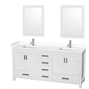 Sheffield 72 Inch Double Bathroom Vanity in White White Cultured Marble Countertop Undermount Square Sinks 24 Inch Mirrors
