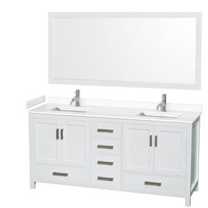Sheffield 72 Inch Double Bathroom Vanity in White White Cultured Marble Countertop Undermount Square Sinks 70 Inch Mirror