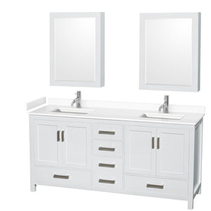 Sheffield 72 Inch Double Bathroom Vanity in White White Cultured Marble Countertop Undermount Square Sinks Medicine Cabinets