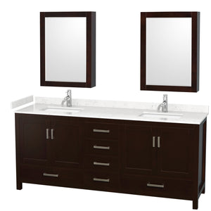 Sheffield 80 Inch Double Bathroom Vanity in Espresso Carrara Cultured Marble Countertop Undermount Square Sinks Medicine Cabinets