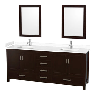 Sheffield 80 Inch Double Bathroom Vanity in Espresso White Cultured Marble Countertop Undermount Square Sinks 24 Inch Mirrors