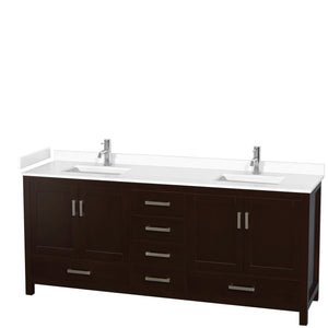 Sheffield 80 Inch Double Bathroom Vanity in Espresso White Cultured Marble Countertop Undermount Square Sinks No Mirror