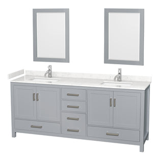 Sheffield 80 Inch Double Bathroom Vanity in Gray Carrara Cultured Marble Countertop Undermount Square Sinks 24 Inch Mirrors