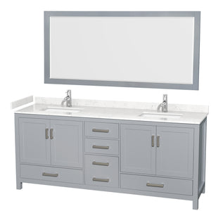 Sheffield 80 Inch Double Bathroom Vanity in Gray Carrara Cultured Marble Countertop Undermount Square Sinks 70 Inch Mirror