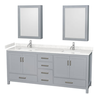 Sheffield 80 Inch Double Bathroom Vanity in Gray Carrara Cultured Marble Countertop Undermount Square Sinks Medicine Cabinets