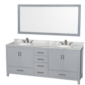Sheffield 80 Inch Double Bathroom Vanity in Gray White Carrara Marble Countertop Undermount Oval Sinks and 70 Inch Mirror