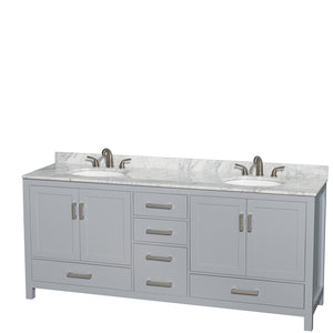 Sheffield 80 Inch Double Bathroom Vanity in Gray White Carrara Marble Countertop Undermount Oval Sinks and No Mirror