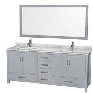 Sheffield 80 Inch Double Bathroom Vanity in Gray White Carrara Marble Countertop Undermount Square Sinks and 70 Inch Mirror