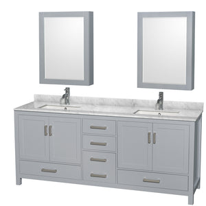 Sheffield 80 Inch Double Bathroom Vanity in Gray White Carrara Marble Countertop Undermount Square Sinks and Medicine Cabinets